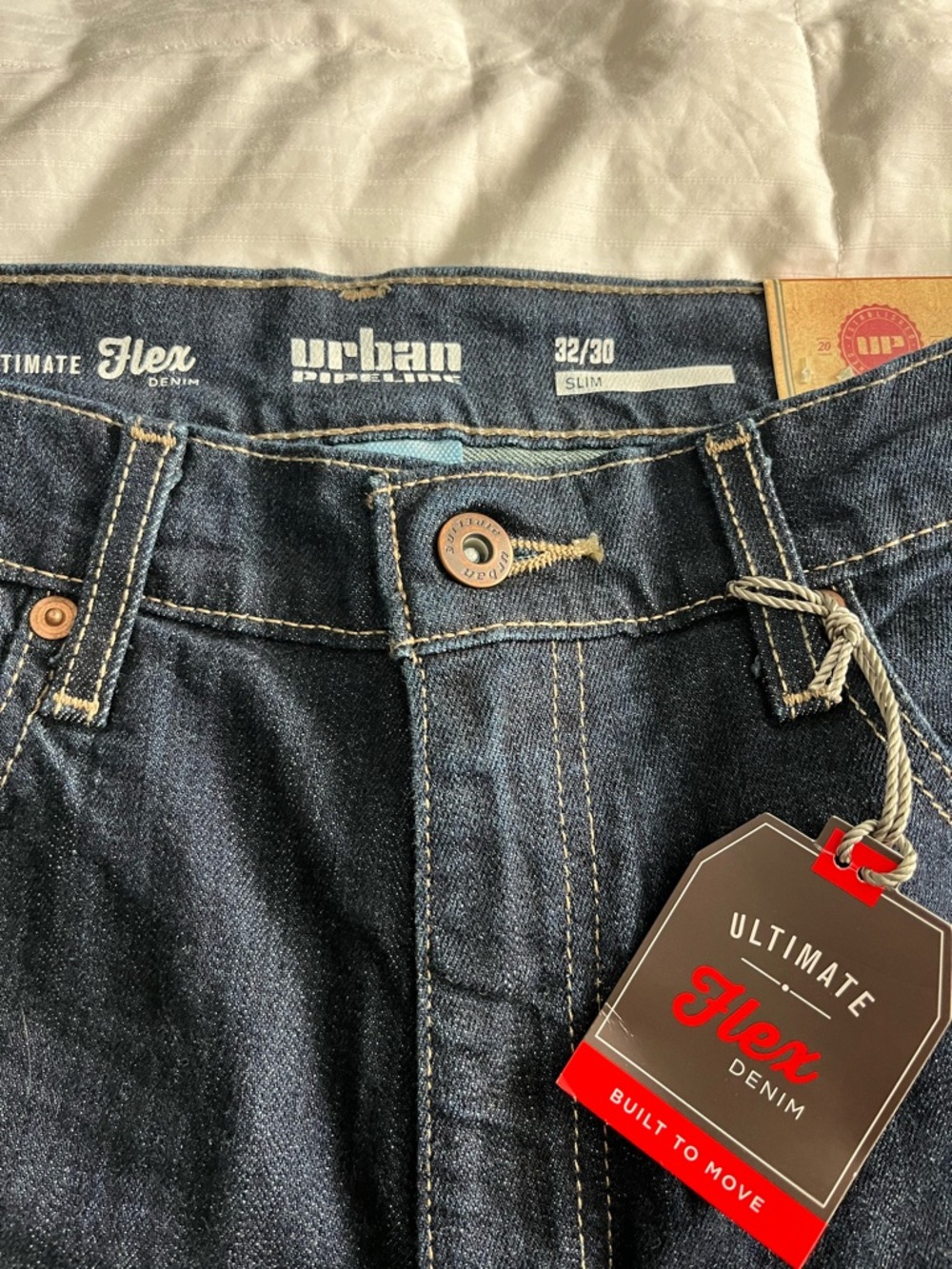 Urban Pipeline Slim Dark Blue Denim Jeans with Tan Stitching